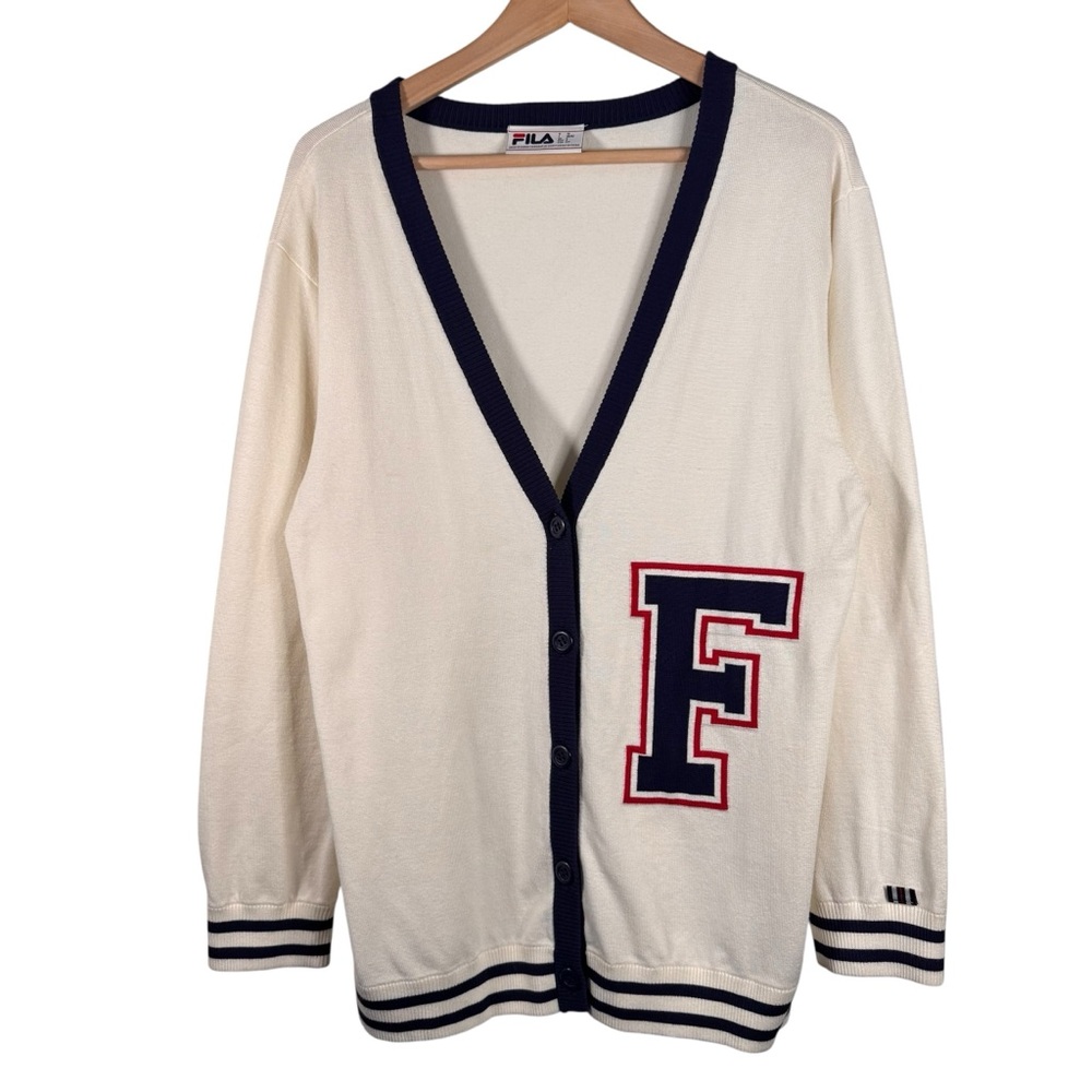 Fila Varsity Cardigan Size Small Letterman Sweater Retro Ivory Navy Red Unisex